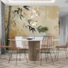 Serene depiction of bamboo stalks with leaves against a textured background||