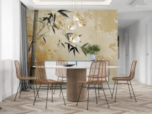 Serene depiction of bamboo stalks with leaves against a textured background
