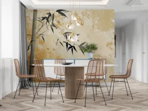 Serene depiction of bamboo stalks with leaves against a textured background||