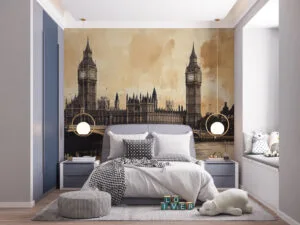 Artistic representation of Big Ben against a stylized background.