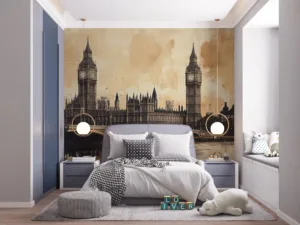 Artistic representation of Big Ben against a stylized background.||