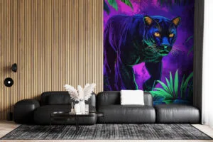 Black panther walking in a vibrant jungle setting