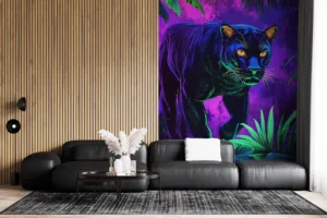 Black panther walking in a vibrant jungle setting||