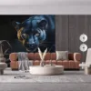 Black panther painting in a jungle setting with intense gaze||
