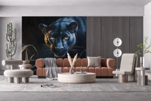 Black panther painting in a jungle setting with intense gaze||