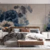 Blue and white floral design on a beige background.||