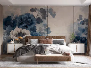 Blue and white floral design on a beige background.