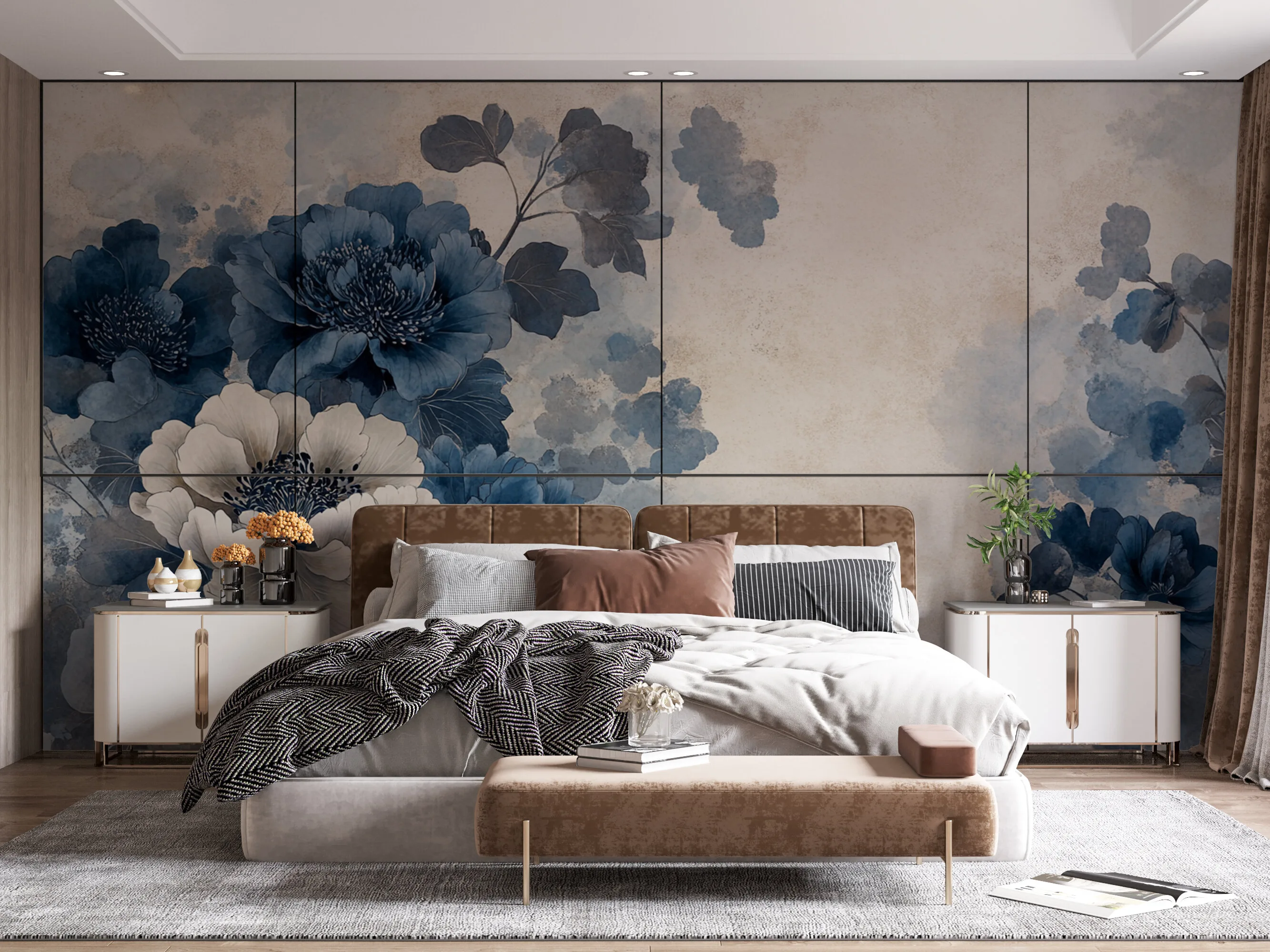 Rendered wallpaper image for Blue and White Floral Design Wall Mural