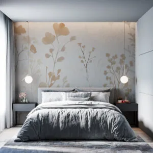 Stylized botanical illustrations in soft beige and cream colors.