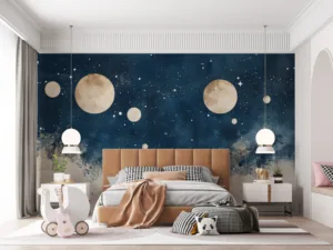 Celestial scene with moons and planets in deep blue background||