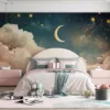 Dreamy celestial scene with a crescent moon|clouds|and stars
