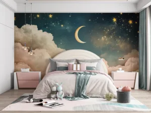 Dreamy celestial scene with a crescent moon|clouds|and stars