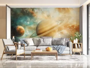 Cosmic scene with two planets and a starry sky||