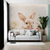 Cute fluffy rabbit in a floral setting with pastel colors