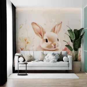 Cute fluffy rabbit in a floral setting with pastel colors||