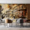 Charming hand-painted urban scene with saxophonist and French architecture.