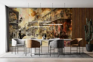 Charming hand-painted urban scene with saxophonist and French architecture.