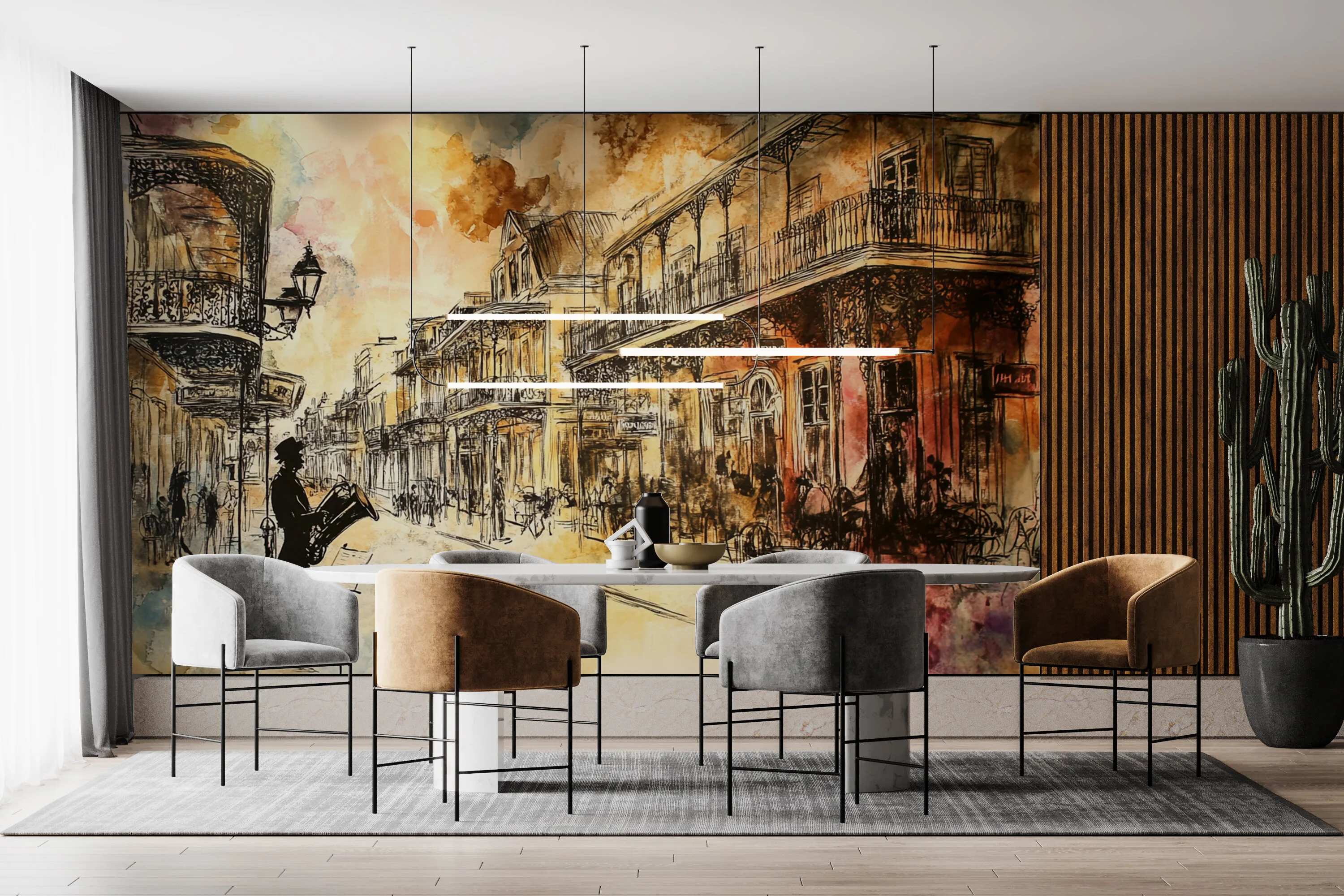 Rendered wallpaper image for Charming Hand-Painted Urban Scene Wall Mural