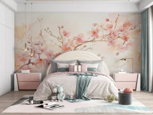 Delicate watercolor painting of cherry blossom branches in soft pink and white hues.