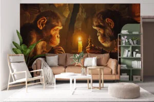 Two apes playing chess in a dimly lit cave illuminated by candlelight.