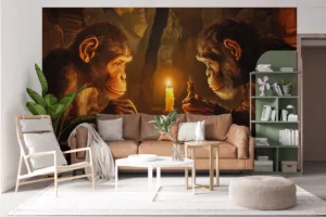 Two apes playing chess in a dimly lit cave illuminated by candlelight.||