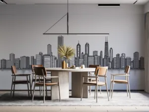 Minimalist black and white Chicago skyline art||
