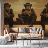 Three chimpanzees enjoying bananas on a ledge with a sunset city skyline