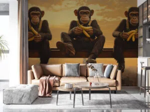 Three chimpanzees enjoying bananas on a ledge with a sunset city skyline