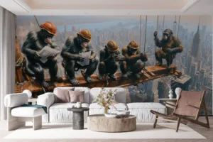Chimpanzees in hard hats on a steel beam overlooking a city skyline||