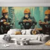 Three anthropomorphic chimpanzees in orange helmets enjoying food on a beam above a city skyline||