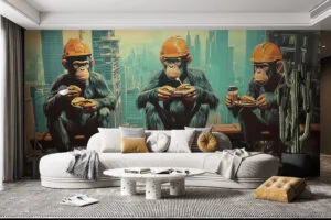 Three anthropomorphic chimpanzees in orange helmets enjoying food on a beam above a city skyline