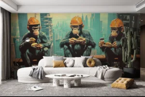 Three anthropomorphic chimpanzees in orange helmets enjoying food on a beam above a city skyline||