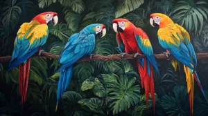 Alternative view of Colorful Macaws in a Tropical Paradise Wall Mural