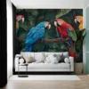 Four colorful macaws perched on a branch in a lush tropical rainforest.||