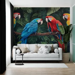 Four colorful macaws perched on a branch in a lush tropical rainforest.||