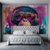 Artistic depiction of a monkey wearing sunglasses and headphones in vibrant colors.||