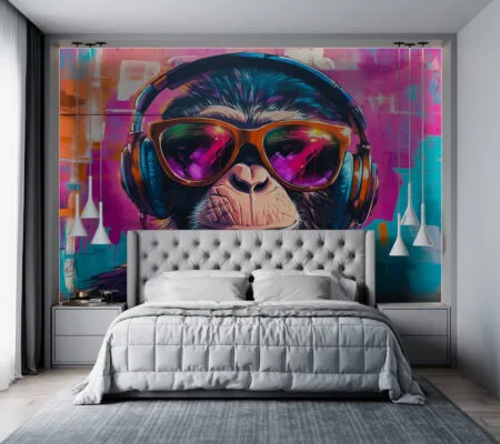 Artistic depiction of a monkey wearing sunglasses and headphones in vibrant colors.