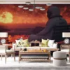 Astronaut sitting on a bench watching a vibrant sunset over an alien landscape.||