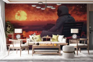 Astronaut sitting on a bench watching a vibrant sunset over an alien landscape.
