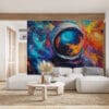 Astronaut in a colorful helmet reflecting a cosmic scene with vibrant galaxies.