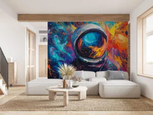 Astronaut in a colorful helmet reflecting a cosmic scene with vibrant galaxies.