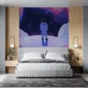 Astronaut on a swirling platform in a cosmic setting with colorful clouds and stars.||