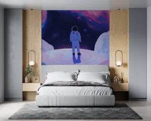 Astronaut on a swirling platform in a cosmic setting with colorful clouds and stars.