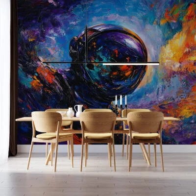 Abstract astronaut in a cosmic setting with vibrant colors.