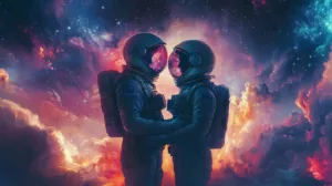 Alternative view of Cosmic Connection: Embrace of Astronauts Wall Mural