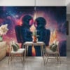Two astronauts embracing in a vibrant cosmic setting with nebulae and stars.