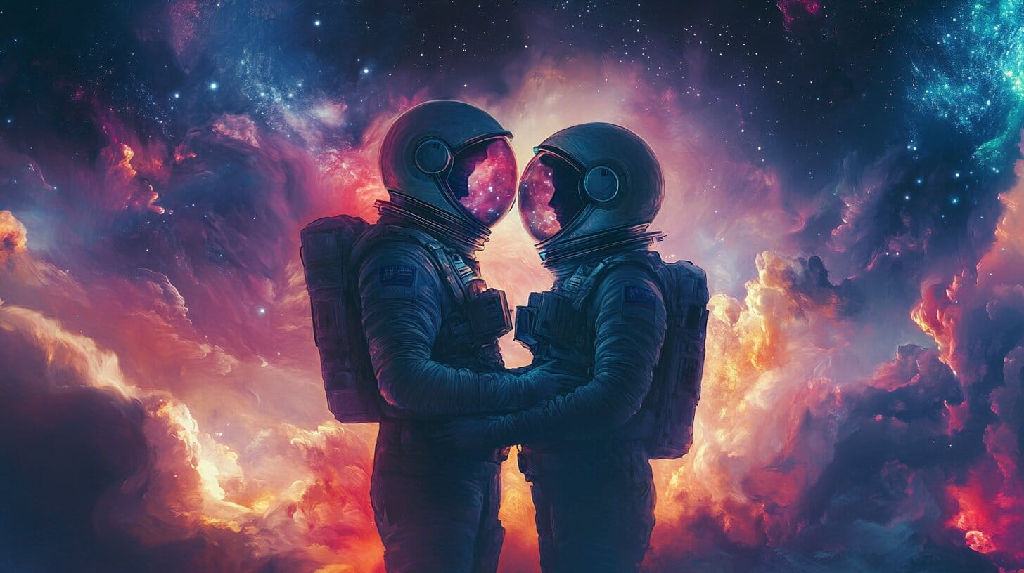 Main product image for Cosmic Connection: Embrace of Astronauts Wall Mural