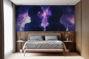 Two astronauts facing each other in outer space with vibrant cosmic reflections.