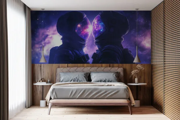 Two astronauts facing each other in outer space with vibrant cosmic reflections.
