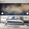 Abstract cosmic artwork with dark blue and beige gradient and golden dots